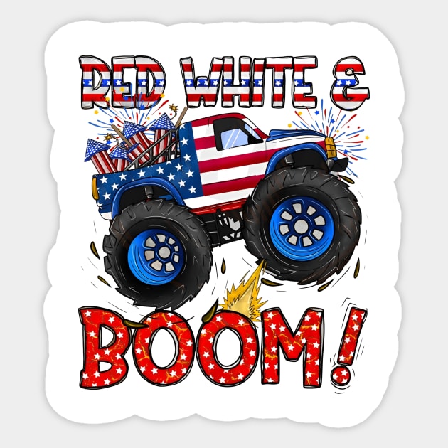 4th of July, Monster Truck, Patriotic Monster Truck, America, Red White and Boom Sticker by kumikoatara